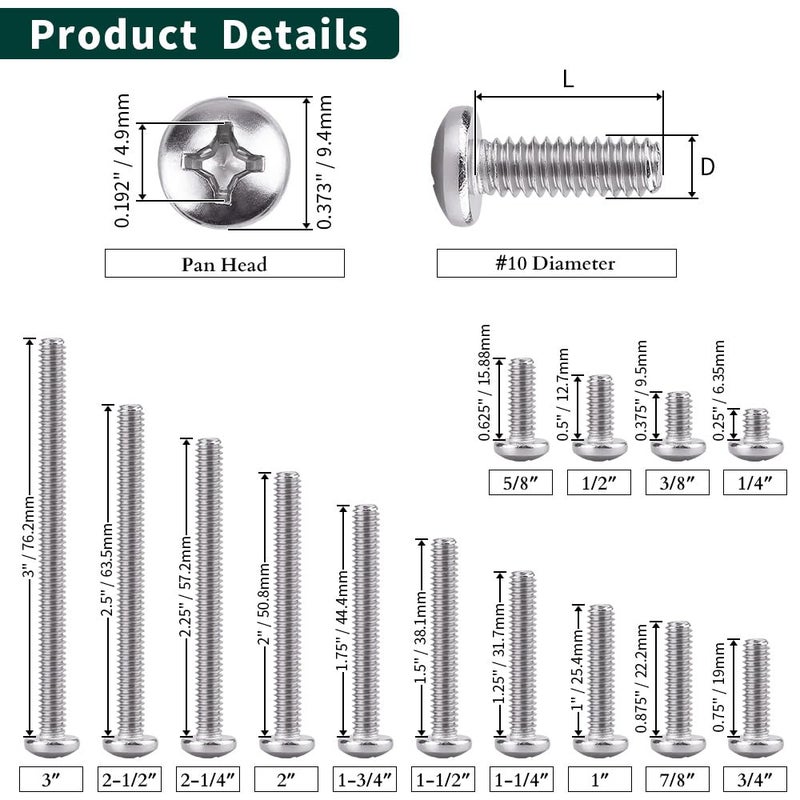 EASTLO #10-24 x 3/4" Pan Head Machine Screw, Phillips Drive, 304 Stainless Steel 18-8, Bright Finish, Fully Machine Thread, 100 Pcs - Image 3